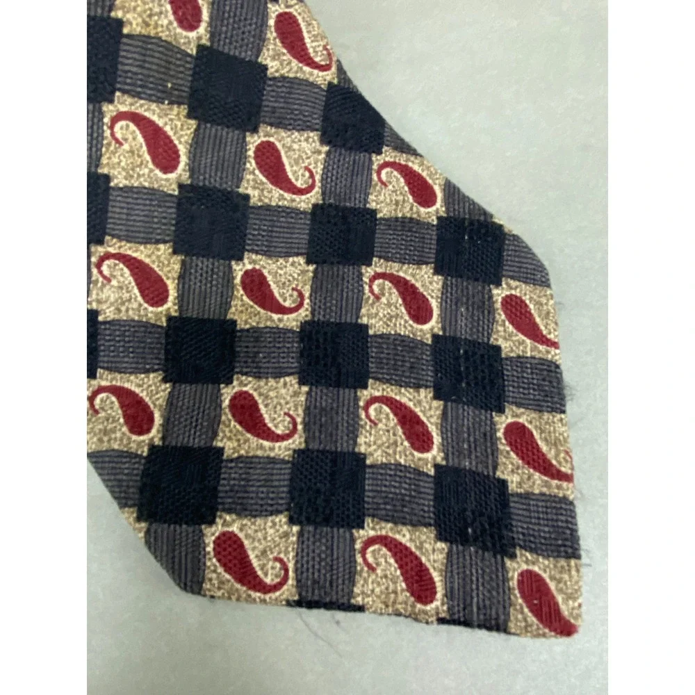 Bugatti Mens Tie Silk Paisley Checkered Black Gold Red‎ Italian Silk 59X4